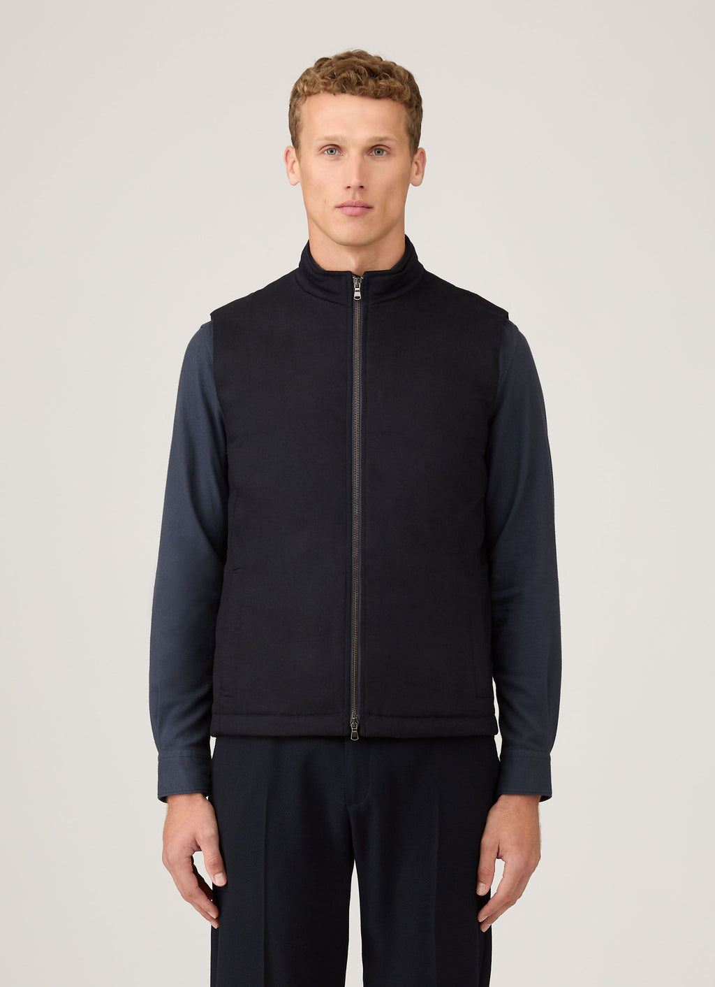 Gilet sans manches zippé en cachemire et laine mérinos bleu marine pour homme