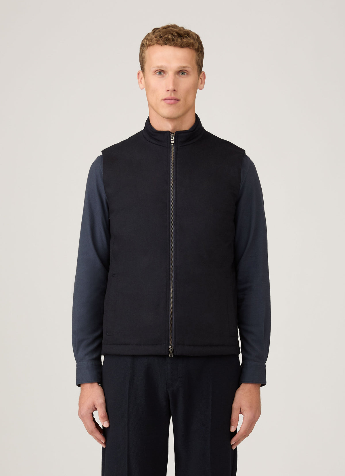 Gilet sans manches zippé en cachemire et laine mérinos bleu marine pour homme
