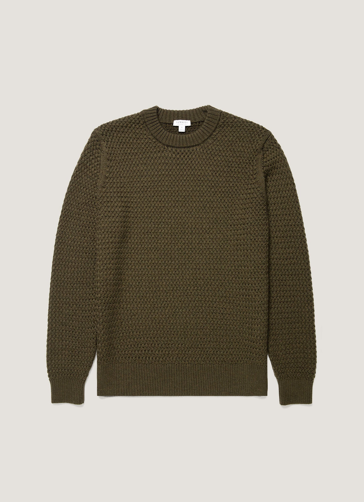 Pull ras du cou en laine mérinos tissage fantaisie coupe classique vert loden