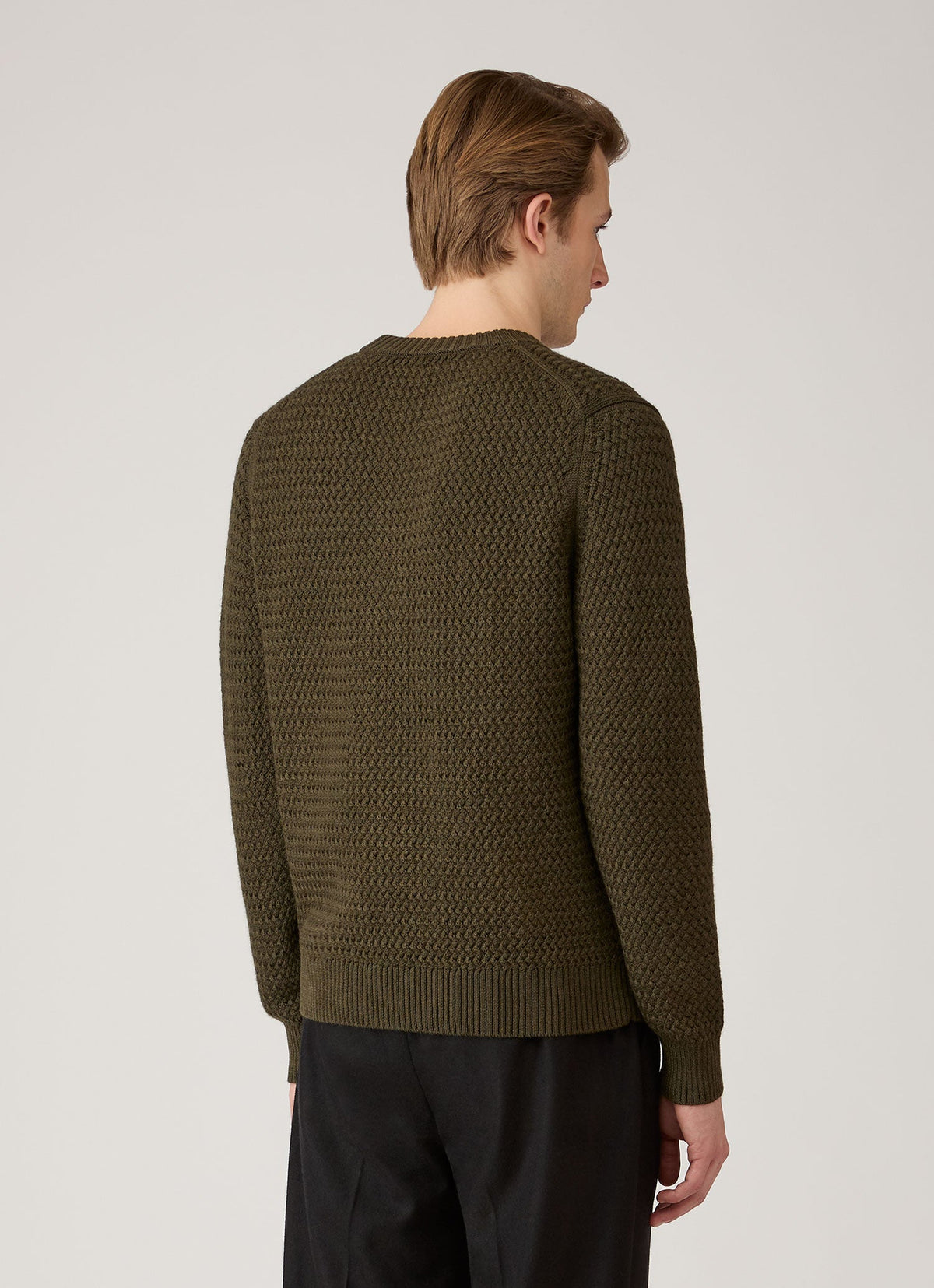 Pull ras du cou en laine mérinos tissage fantaisie coupe classique vert loden