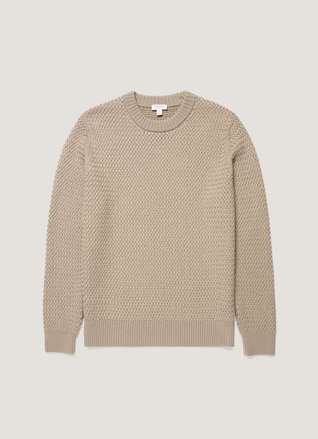 Pull en laine mérinos col rond coupe droite tissage fantaisie beige pierre