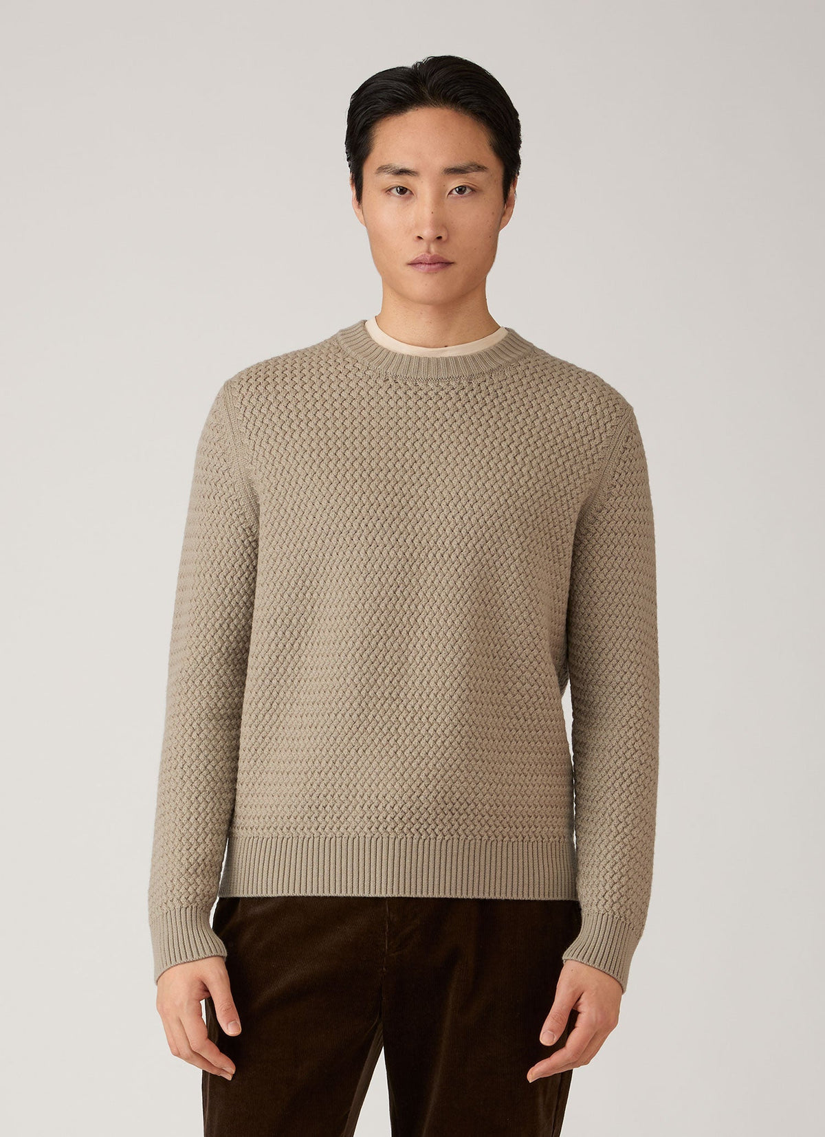 Pull en laine mérinos col rond coupe droite tissage fantaisie beige pierre