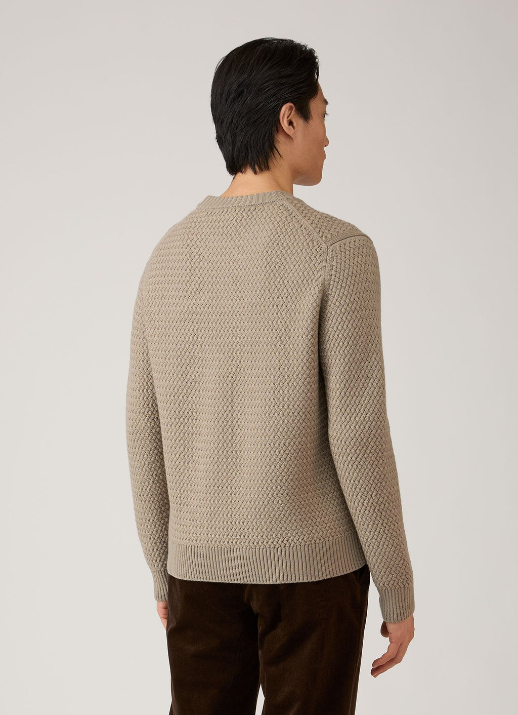 Pull en laine mérinos col rond coupe droite tissage fantaisie beige pierre
