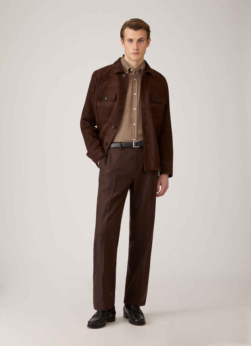Chemise boutonnée en flanelle de coton brossé marron cèdre à manches longues