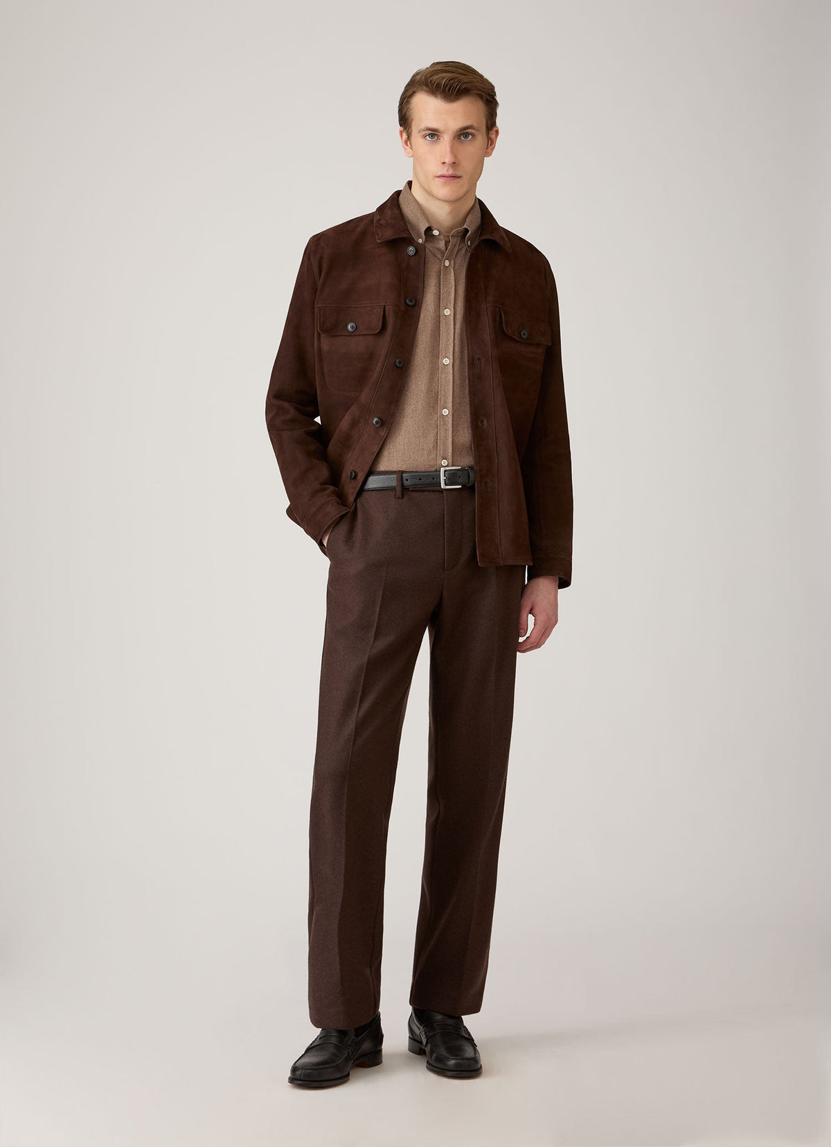 Chemise boutonnée en flanelle de coton brossé marron cèdre à manches longues