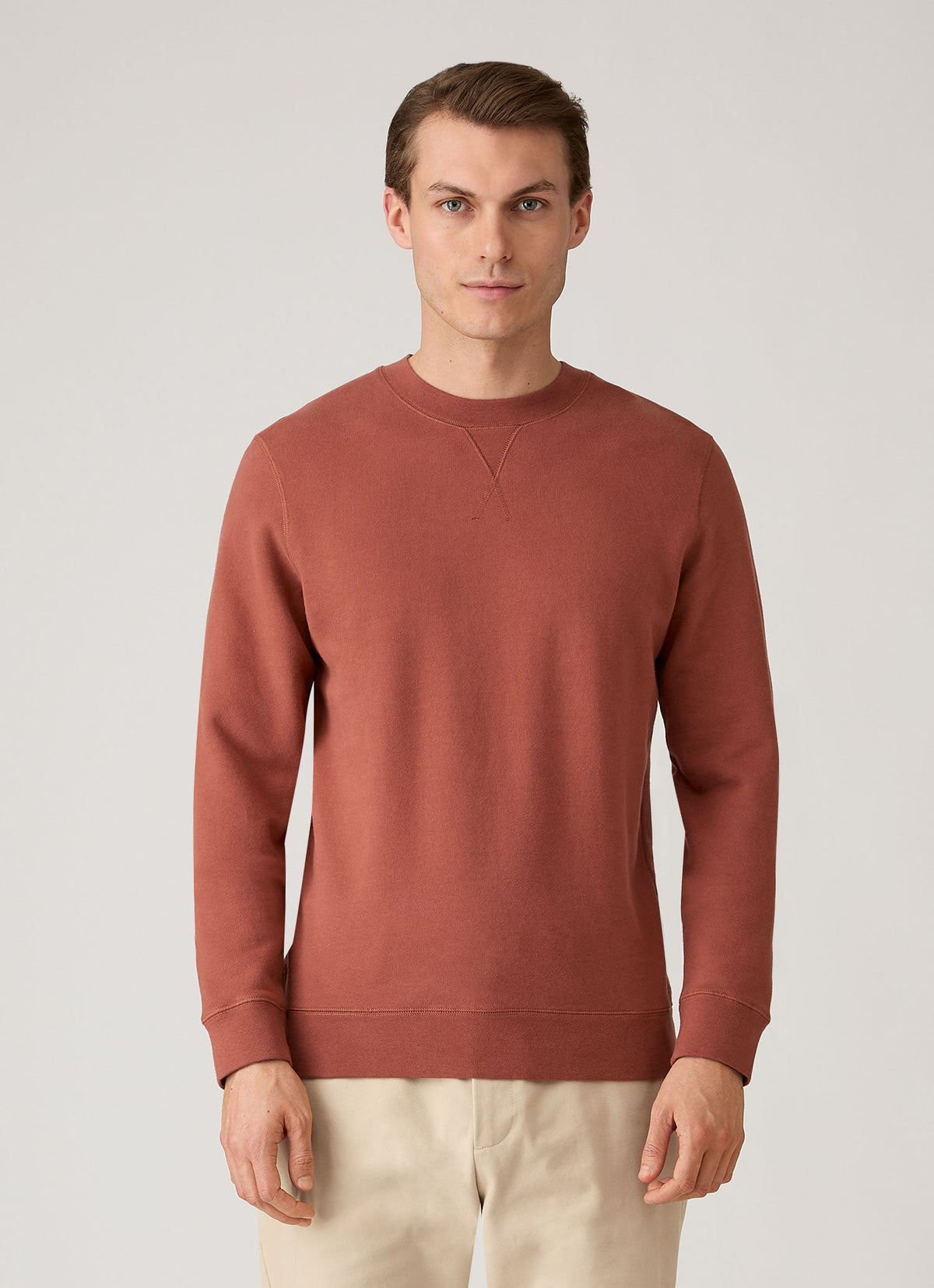 Sweat-shirt ras du cou en coton bouclette pour homme, coloris tabac foncé