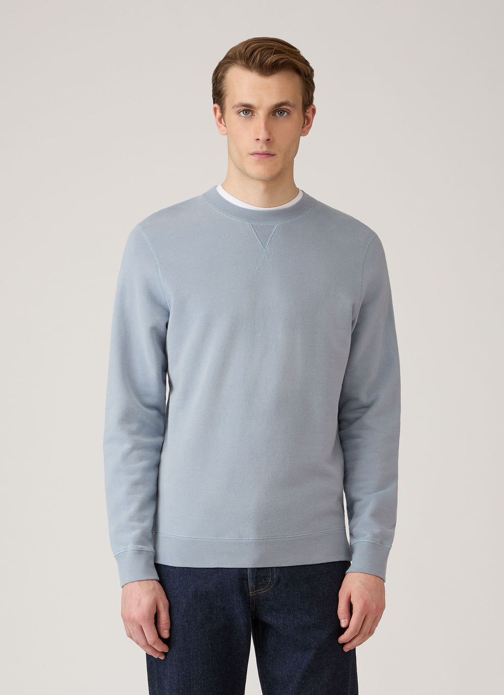 Sweat-shirt col rond homme en molleton de coton bleu ciel, coupe classique