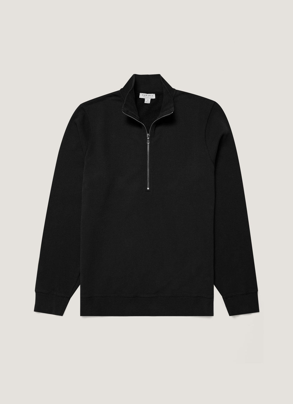 Sweat-shirt homme noir col semi-zippé manches longues en coton bouclette coupe décontractée