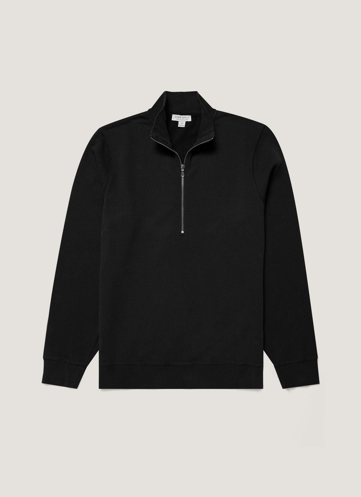 Sweat-shirt homme noir col semi-zippé manches longues en coton bouclette coupe décontractée