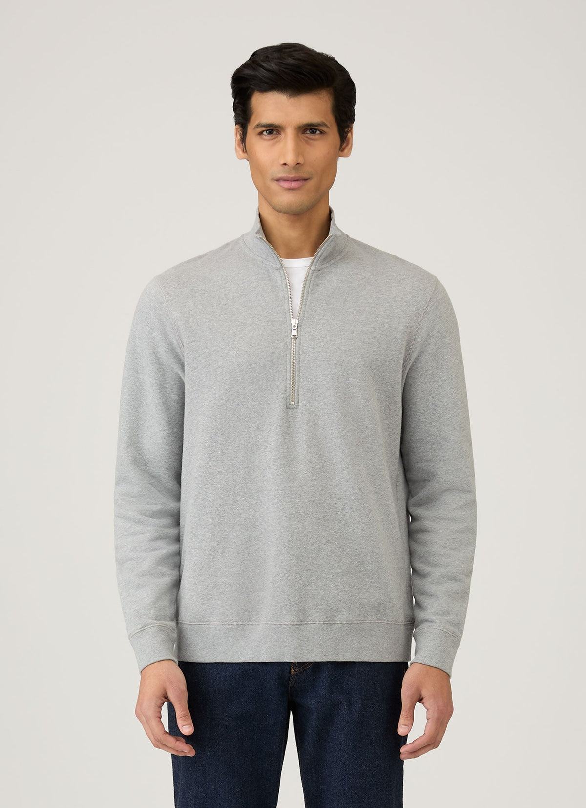 Sweat-shirt en coton bouclette gris chiné à demi-zip Coupe décontractée