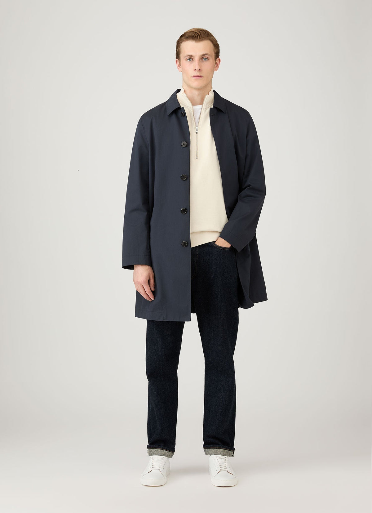 Sweatshirt en coton bouclette pour homme, demi-zip, coupe décontractée, coloris écru naturel