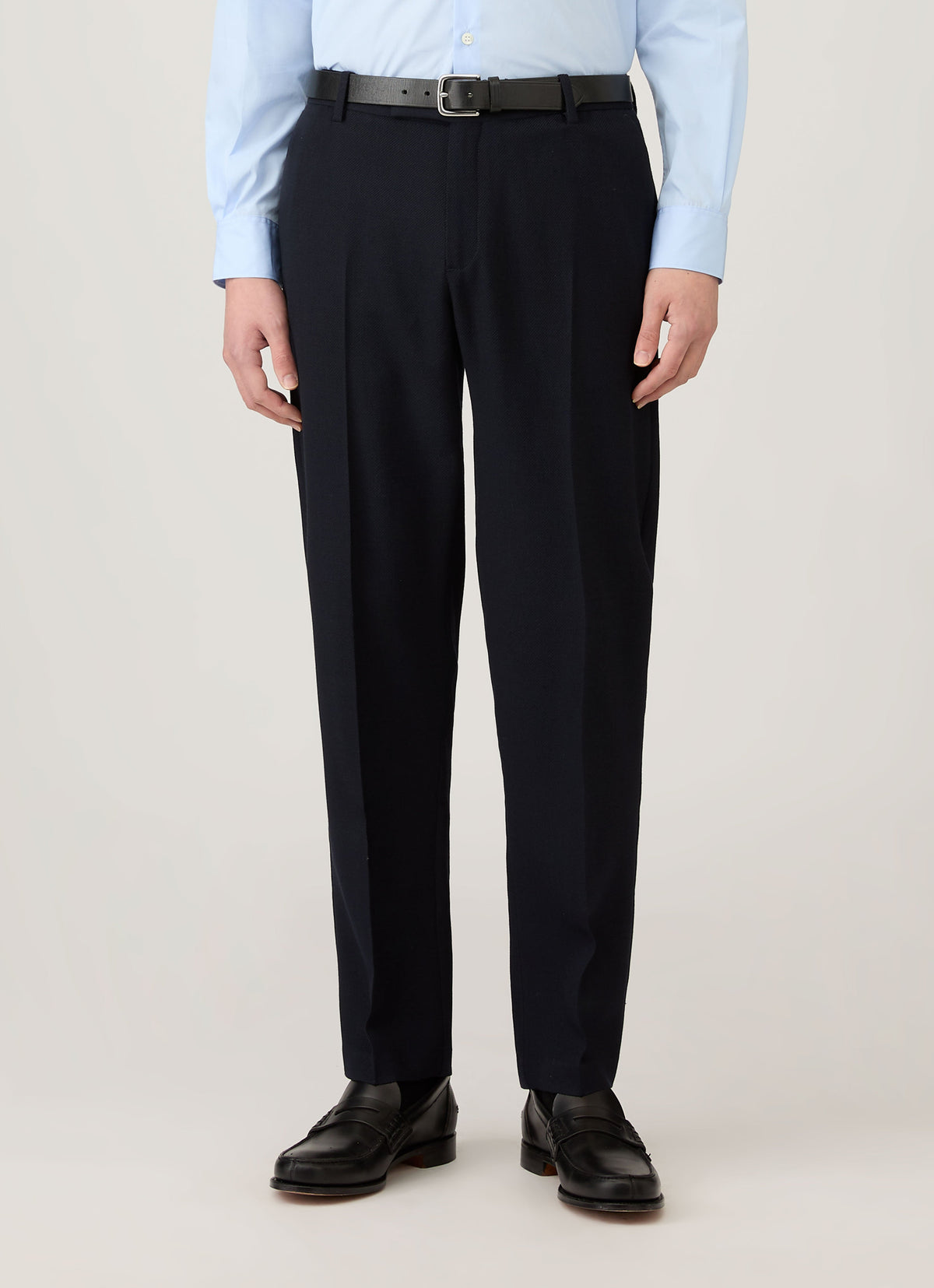 Pantalon en Laine Texturée Coupe Droite Bleu Marine Ajusté Élégant