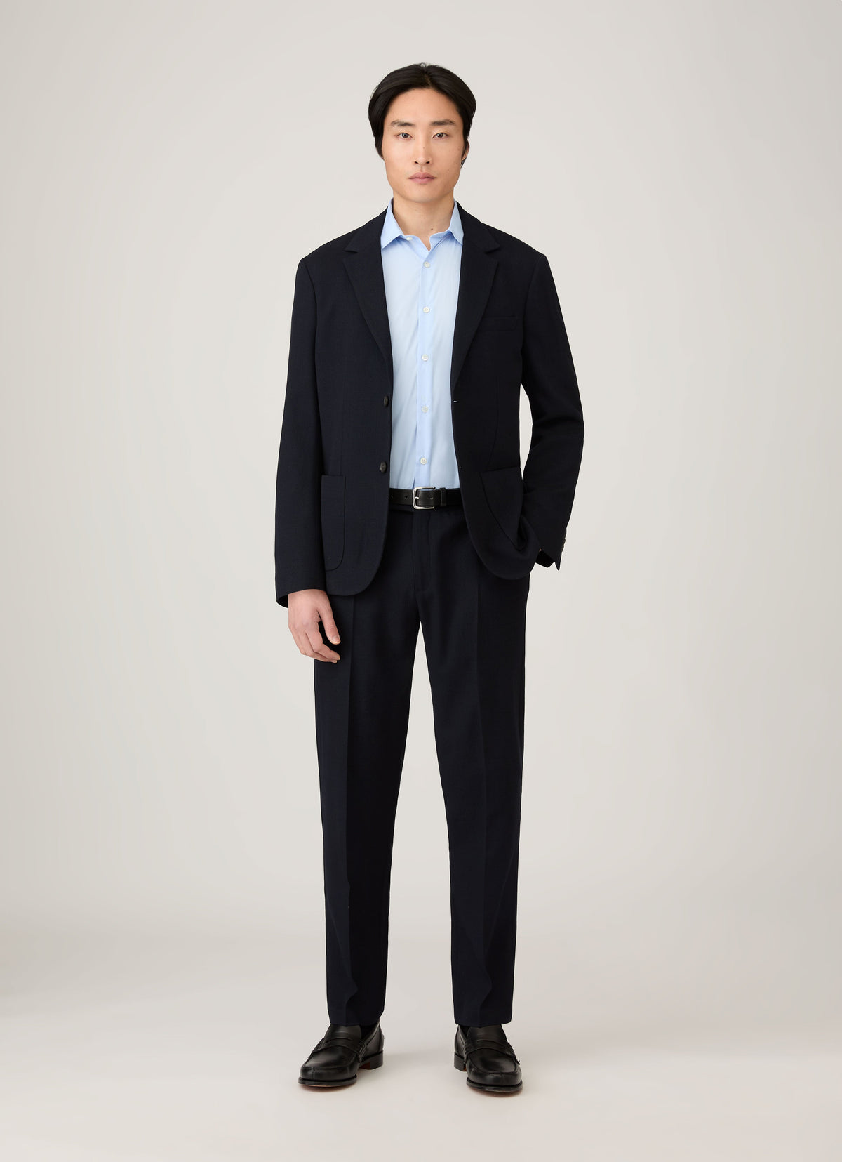 Pantalon en Laine Texturée Coupe Droite Bleu Marine Ajusté Élégant