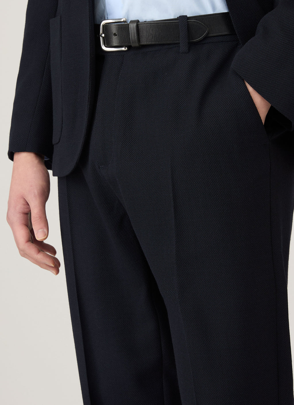 Pantalon en Laine Texturée Coupe Droite Bleu Marine Ajusté Élégant
