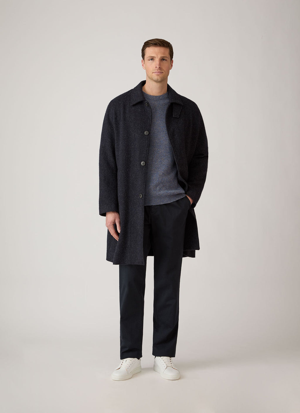 Pantalon en twill de coton à cordon de serrage, coupe droite ajustée, taille mi-haute, bleu marine