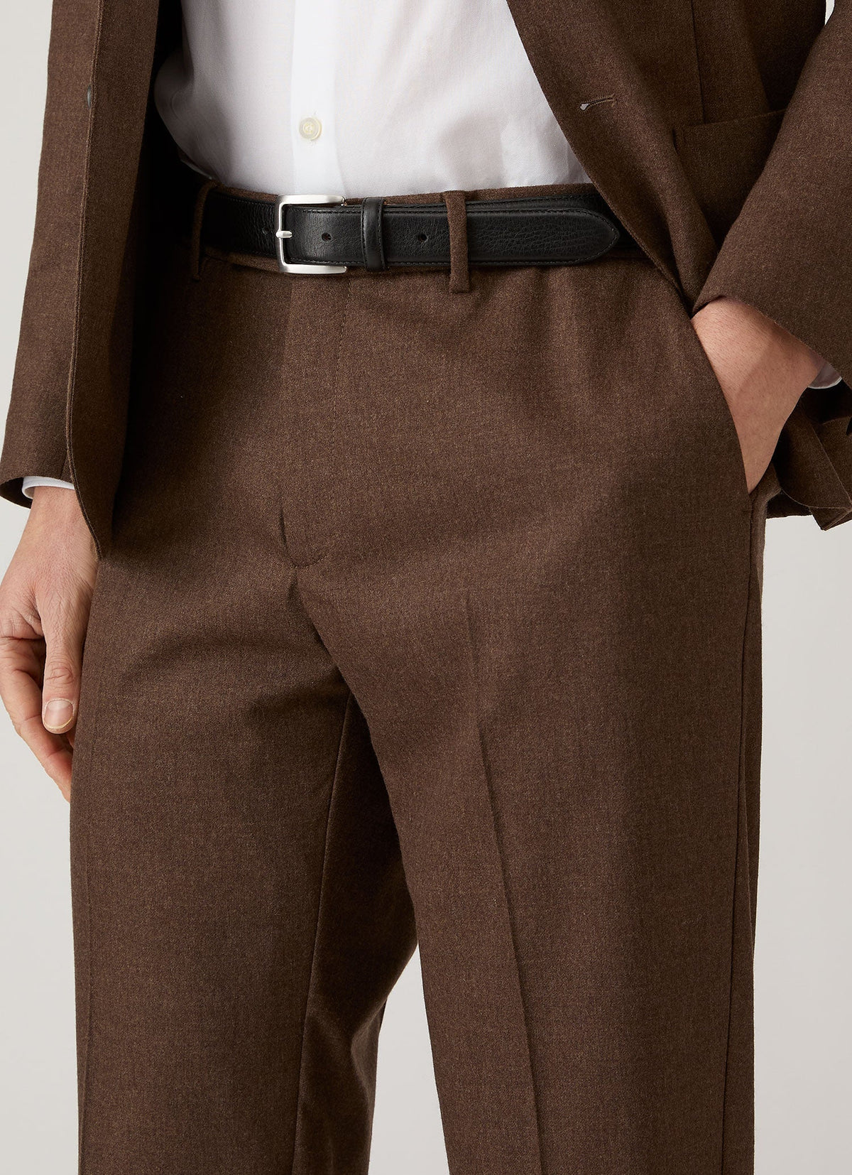 Pantalon en flanelle de laine et cachemire coupe classique marron clair chiné