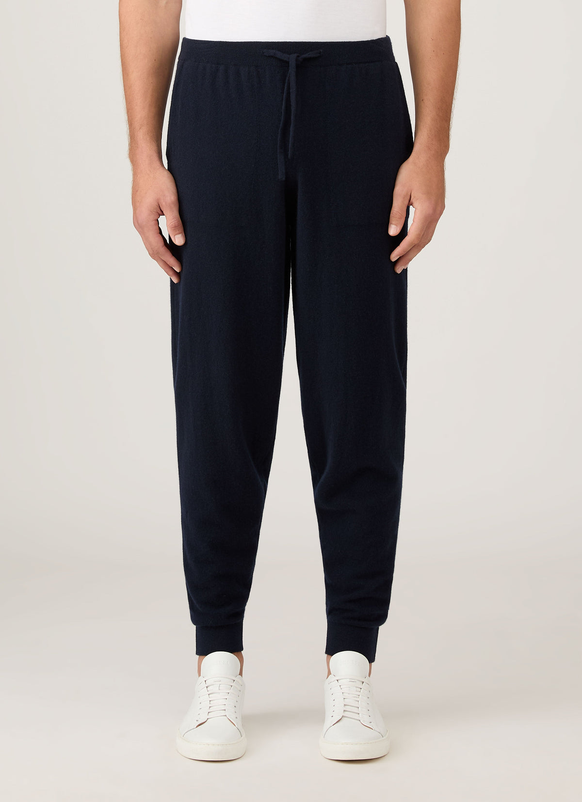 Pantalon de jogging en cachemire tricoté pour homme, bleu marine, côtelé, avec cordon de serrage, coupe classique