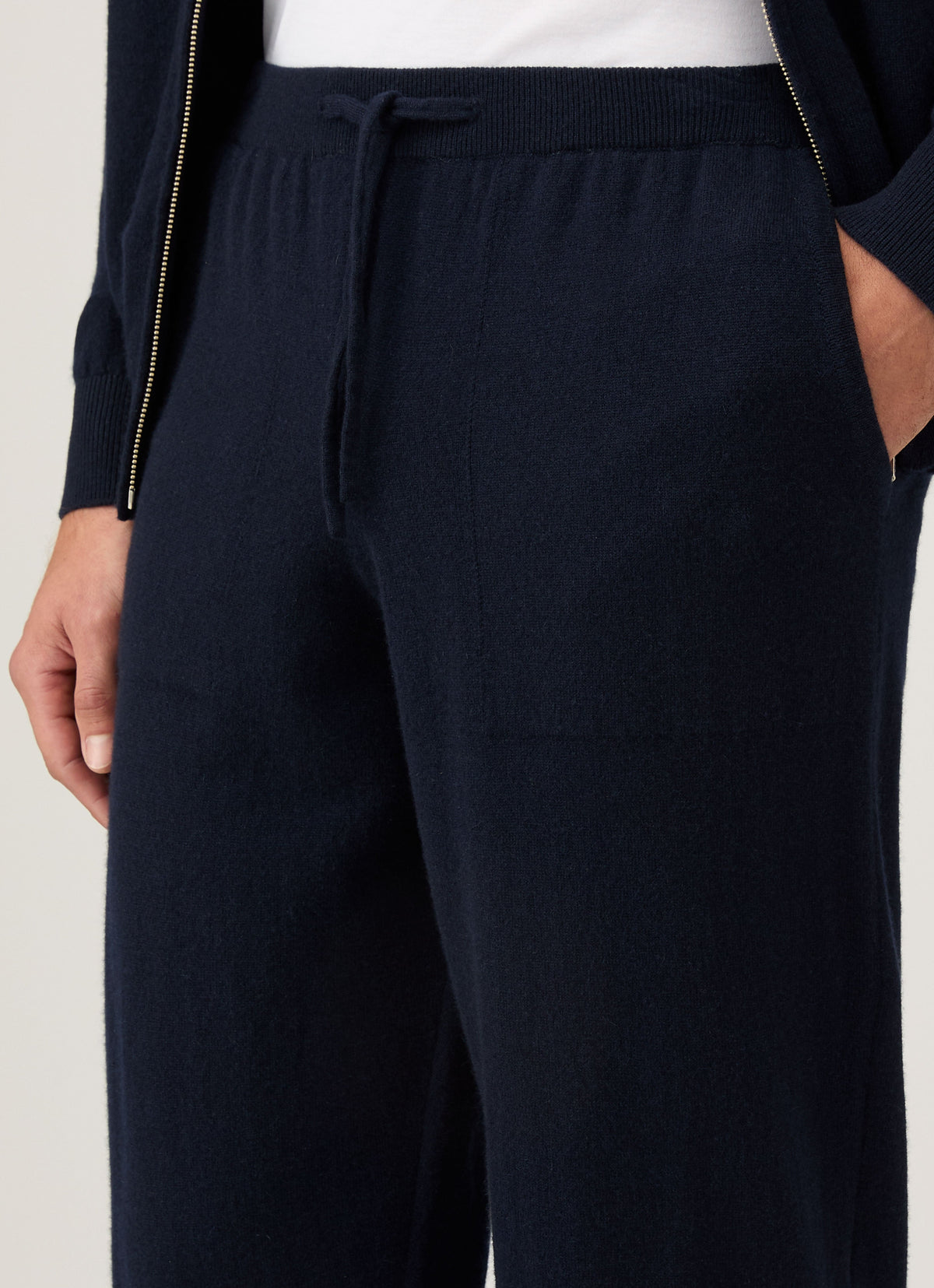 Pantalon de jogging en cachemire tricoté pour homme, bleu marine, côtelé, avec cordon de serrage, coupe classique