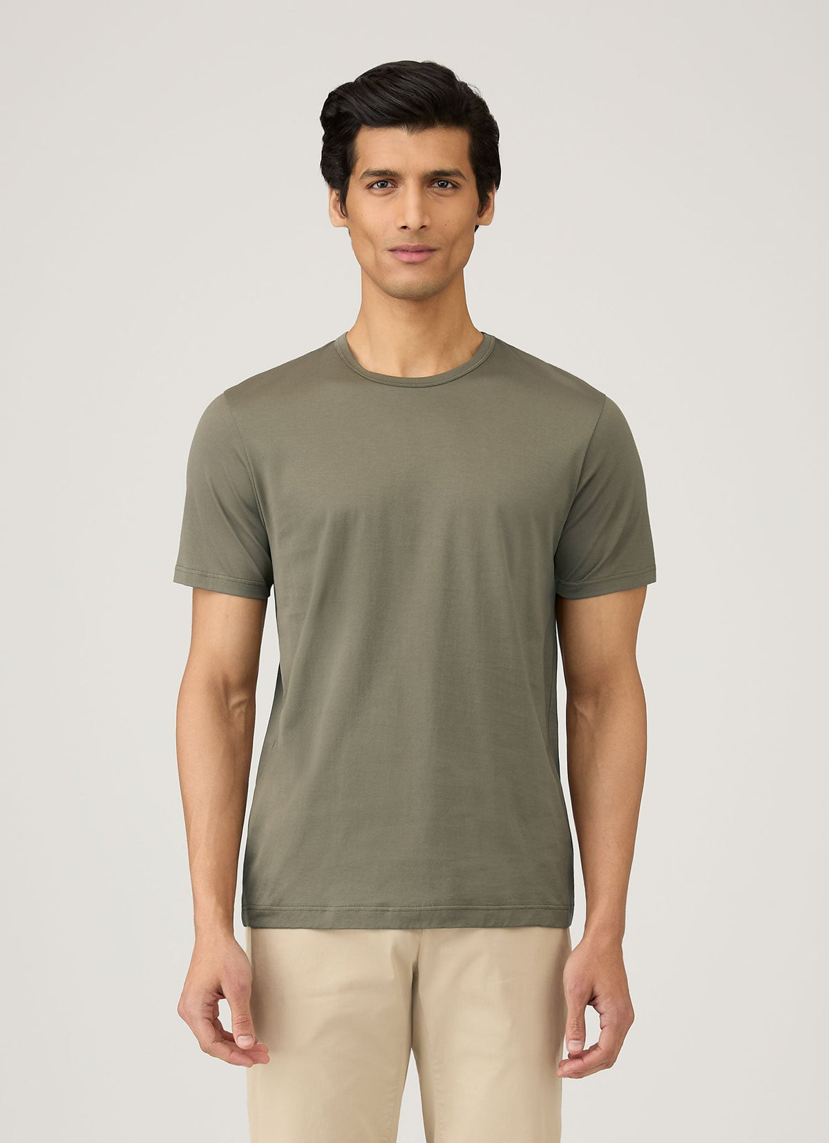T-shirt en coton à manches courtes et col rond coupe ajustée pour homme, coloris vert kaki