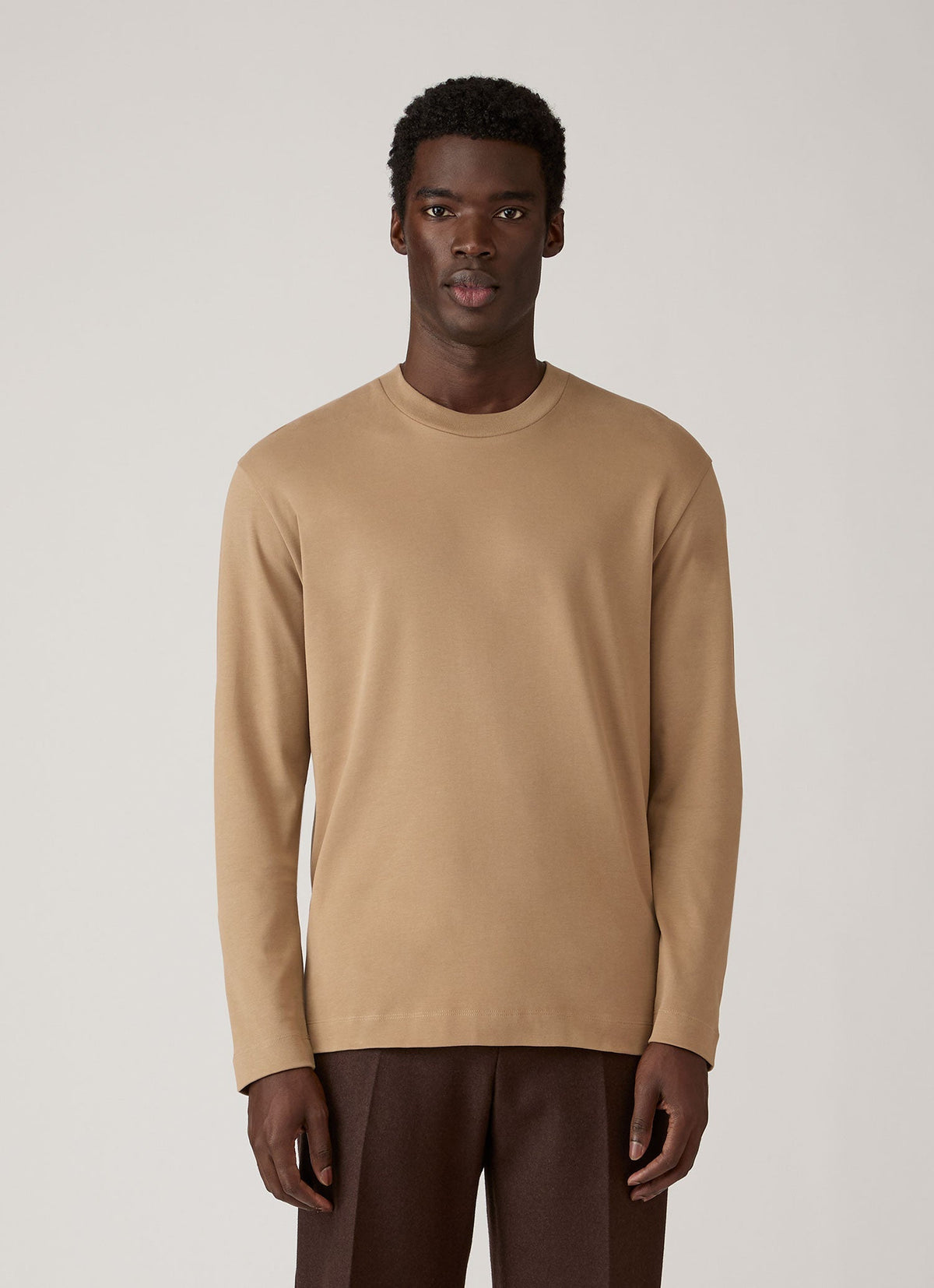 T-shirt manches longues en coton épais pour homme, coupe décontractée, beige foncé