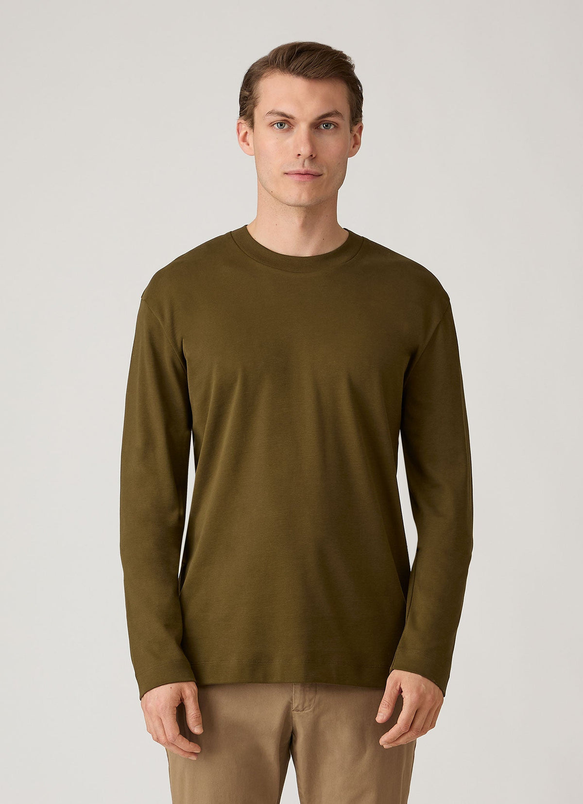 T-shirt col rond à manches longues en coton épais pour homme Vert Loden