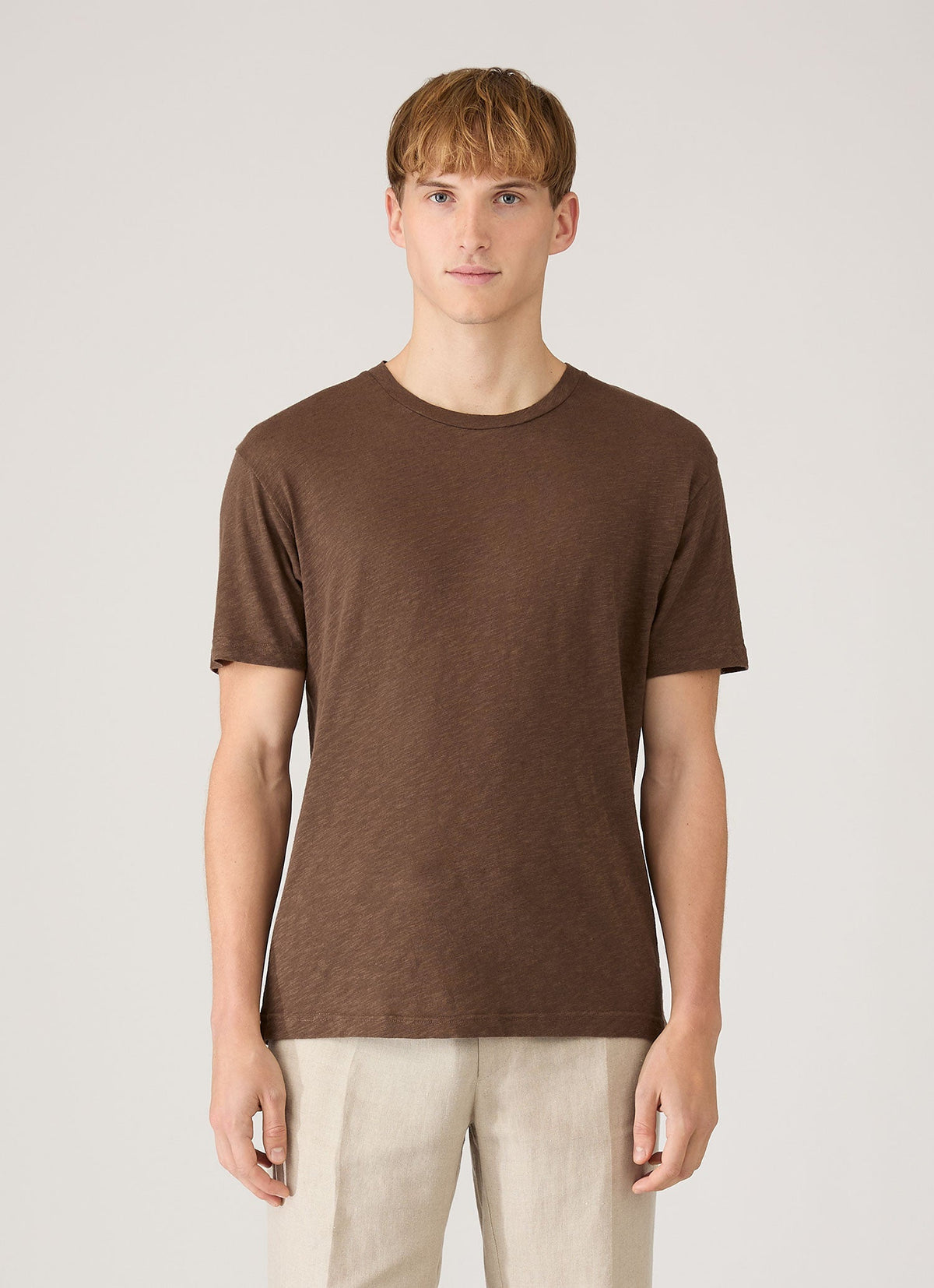 T-shirt Homme Col Rond Manches Courtes Coton Lin Coupe Slim Noyer Foncé
