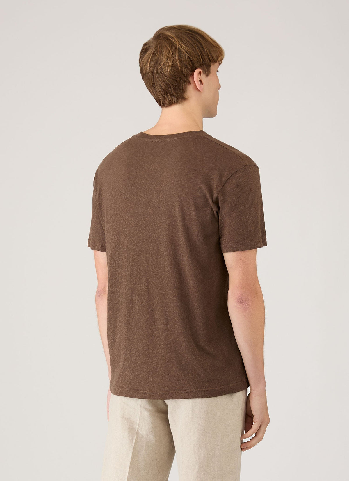 T-shirt Homme Col Rond Manches Courtes Coton Lin Coupe Slim Noyer Foncé