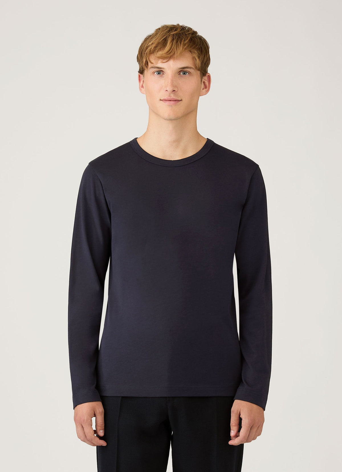 T-shirt Bleu Marine à Manches Longues en Jersey de Coton Lourd Coupe Droite
