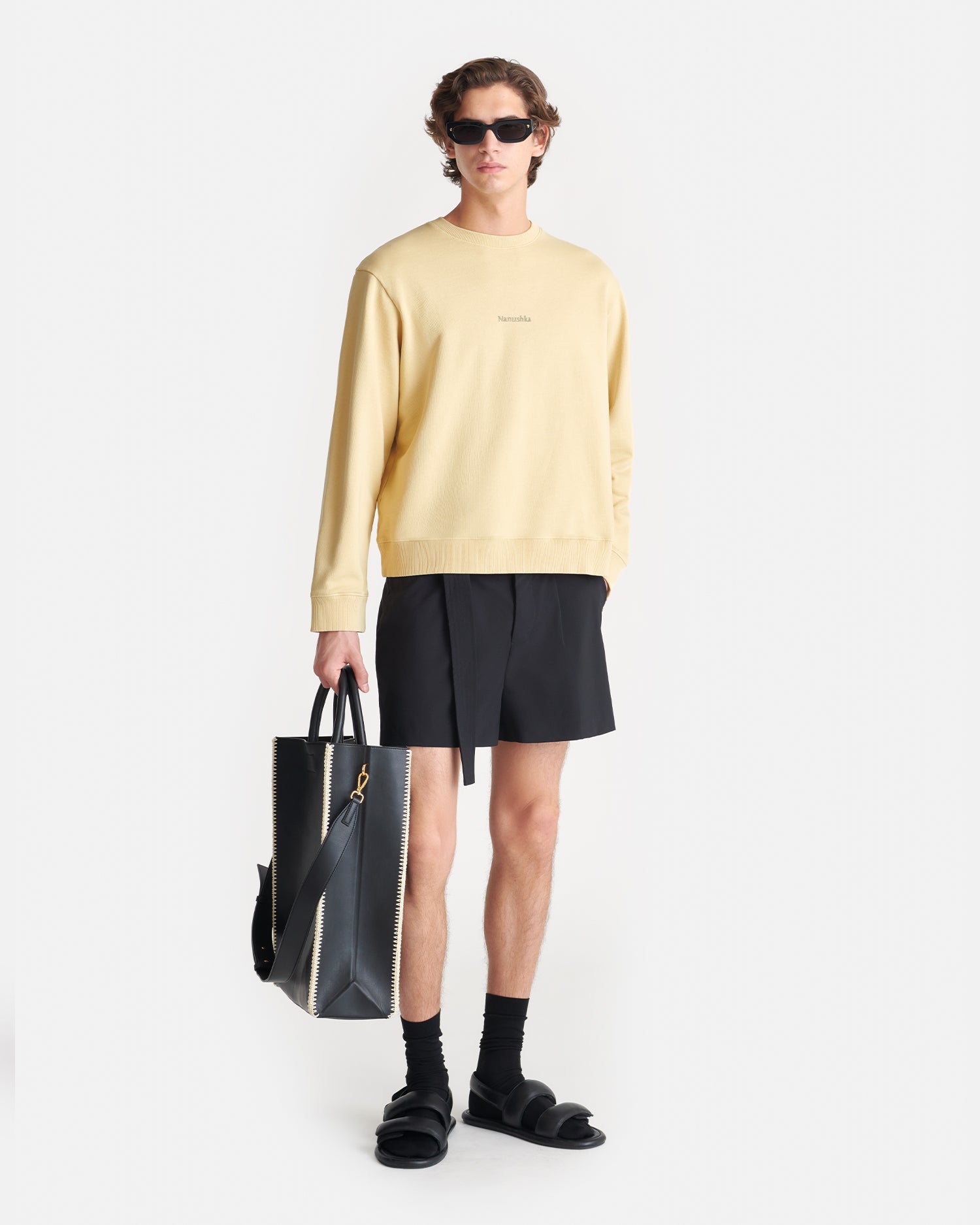 Sweat-shirt ras-du-cou molletonné en coton biologique brodé à motifs oversize crème et noir